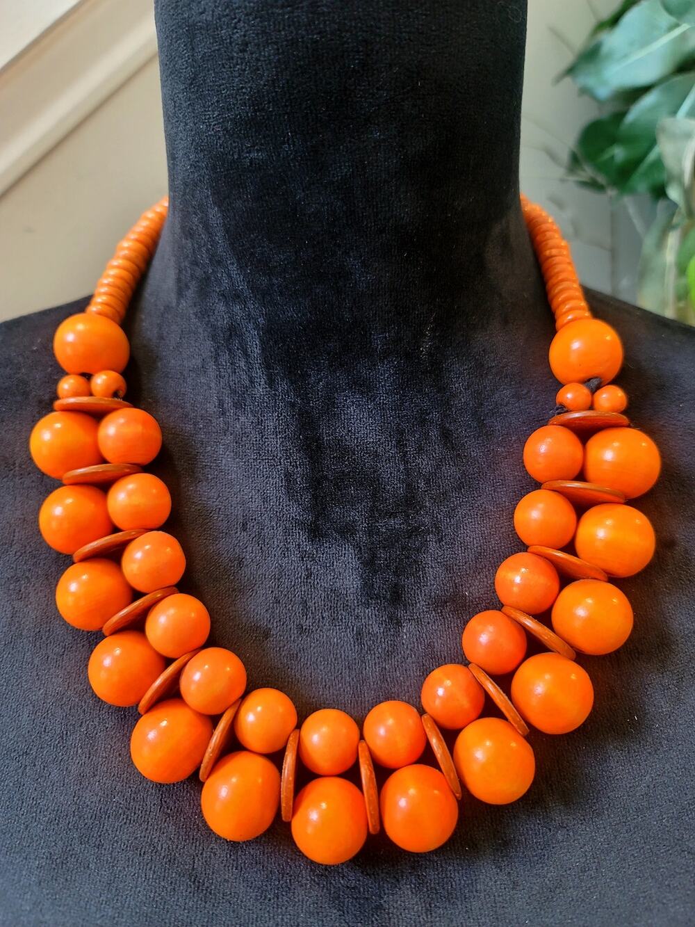 Orange Wooden Bead Statement Necklace Chunky Bib Boho Artisan Bold Fashion 20"